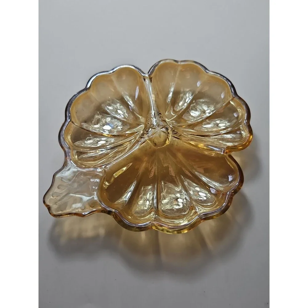 VTG Depression Carnival Glass Iridescent Marigold Gold 3 Leaf Clover Candy Dish